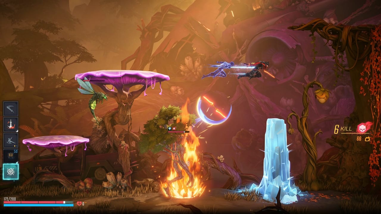 Aerial combat in a bioluminescent SlashZero timeline with fire, ice crystal, and HUD visible